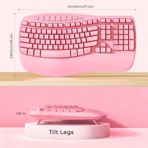 MEETION Wireless Ergonomic Keyboard with Wave Keys and Wrist Rest - Pink