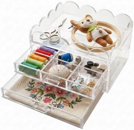 Scalloped Clear Acrylic 2-Drawer Organizer with Removable 9 Compartment Divider
