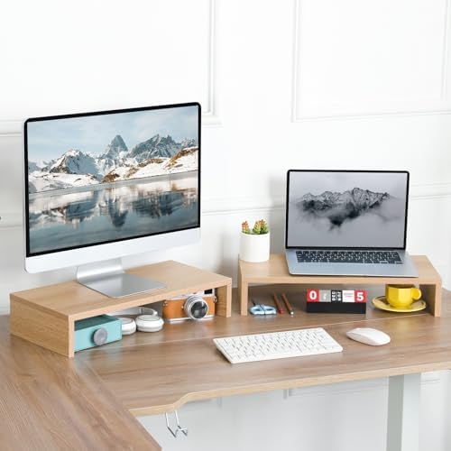 TEAMIX 2-Pack Monitor Stand Riser 20 inch, Wood Desk Computer Shelf, Maple