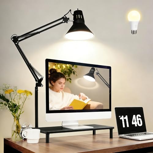 Black Desk Lamp with Clamp, Extra-Tall Adjustable Metal Swing Arm, 2 Pack