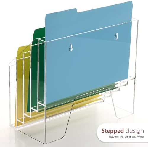 DINGHUO 5 Tier Acrylic Desk Office Wall File Organizer, Clear Wall Mounted File Holder, Magazine Rack Hanging File Organizer (Adhesive Hooks x 2)