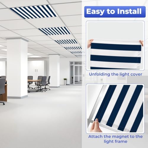 6 Pcs Fluorescent Light Covers for Ceiling Lights Vertical blue white stripes Magnetic Light Filters Decorative for Classroom Office Hospital Home 4x2 Ft