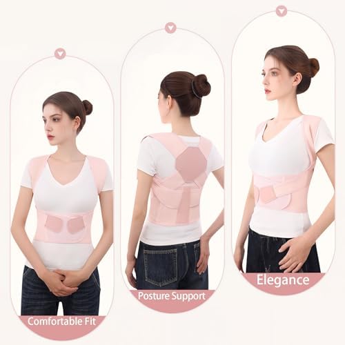 Posture Corrector for Women and Men Back Brace Upper Support Straightener Shoulder Adjustable Breathable Hunchback Pain Workout Lumbar Office Computer Daily Wear Invisible Under Clothes Pink Large