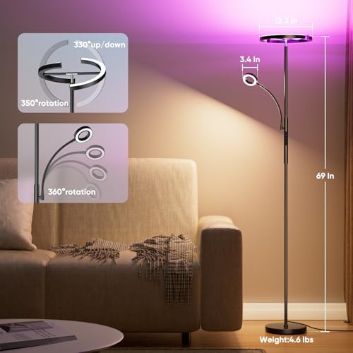 SIBRILLE Upgraded RGBCW Floor Lamp with Reading Lamp, Rotatable Remote Control LED Standing Lamp Dimmable Floor Light Modern Standing Light for Living Room Bedroom Home Office, 36W, Black