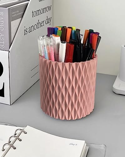 Lebenrich Rotating Pencil Holder for Desk, 5 Slots Unique Pink Organizer Easthetic Desktop Supplies and Accessories for Women Girls, Pen Cup Caddy for Office Home Art Supply