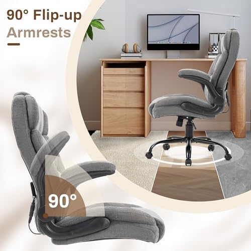 Massage Office Chair, 500LBS Ergonomic Rocking Executive Desk Chairs with 4 Points Vibration&Heat,Padded Flip-up Armrests for Big and Tall Office Chair,Swivel Computer Chair Thicken Back,Grey