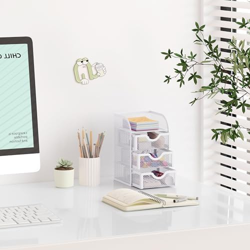 EasyPAG Mesh Desk Organizer with 3 Drawer Office Desktop Organizers and Accessories Stationery Caddy for Office, Home, Students, White