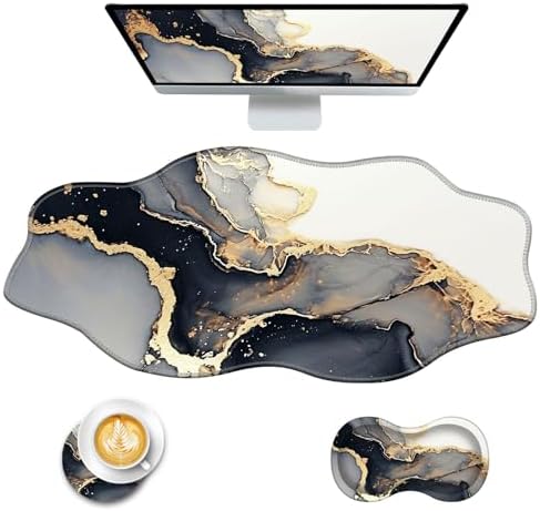 Mouse Pad with Wrist Support + Desk Mat + Coaster 3 in 1 Set, XXL Large Gaming Mousepad Ergonomic Mouse Pads for Desk Computer Laptop Office,Black Gold Marble