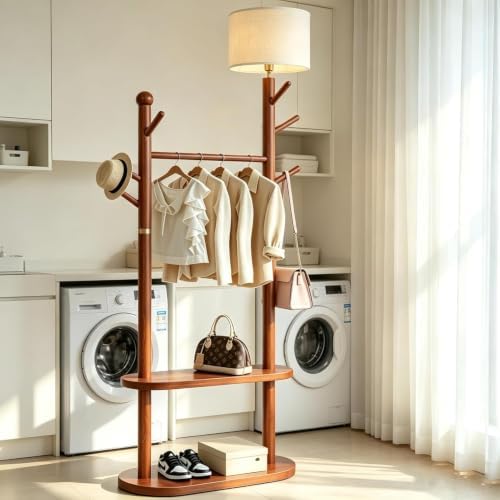 Wood Coat Rack Floor Lamp, Standing Lamp with Double Storage Shelves