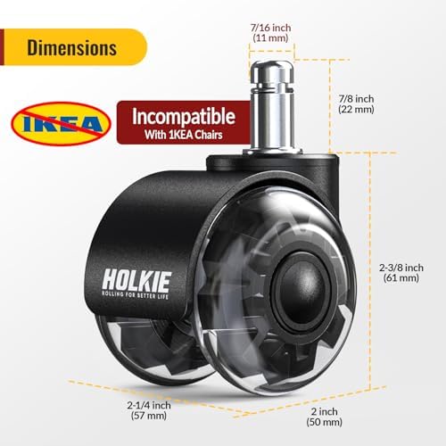 HOLKIE Office Chair Wheels 2 Inch Set of 5 Replacement - Universal Fit 11mm Dual Rubber Smooth Quiet Rolling Casters - for Hardwood Floors Carpet Computer Black