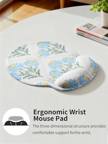 Seorsok Blue Noble Leaves & Floral Mouse Pad with Gel Wrist Support Mouse Pad,Ergonomic Aesthetic,Comfortable Mousepad for Office Game Work Computer,Pain Relief Mousepad with Non-Slip Silicone Base