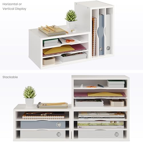 Ballucci File Organizer, 3-Tier Document Paper Sorter, Stackable Wood Desk Organizer, Mail Sorter and Monitor Stand with Storage Shelves, White