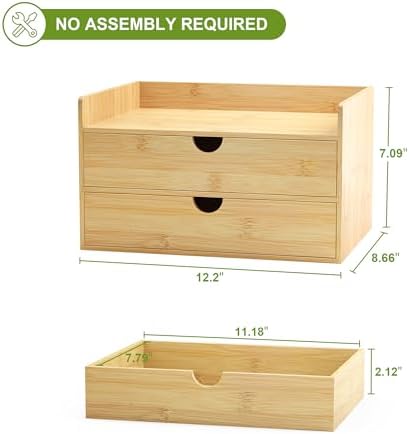 Wisuce Bamboo Desk Drawer Organizer, 2 Drawer Desktop Organizer with Drawers Tabletop Storage Organization Box for Office Home Toiletries Supplies Vanity, No Assembly Required