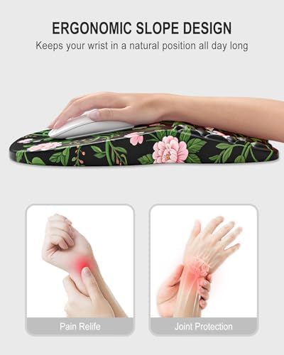Auhoahsil Ergonomic Mouse Pad with Wrist Rest, Comfortable Slope Computer Mouse Mat with Wrist Support, Memory Foam Filling, Non-Slip Silicone Base, Pain Relief for Gaming Work, 8" x 12", Black Vines