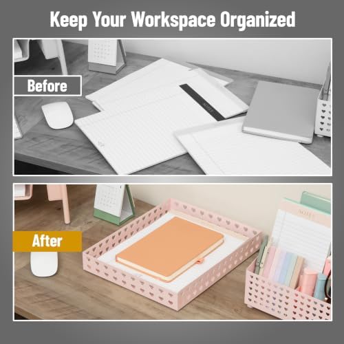 Mind Reader Paper Tray, Metal Letter Size Document Organizer with Heart Cutout Design, Desktop Paper Storage, Non-Skid Base, Pink