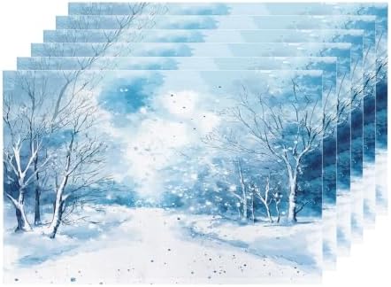 Shrahala Watercolor Winter Landscape Set of 6 12 X 18 Inch Linen Placemats, Blue Snow Fir Snowy Land Burlap Table Mat Washable Double Layered Heat Insulation for Indoor