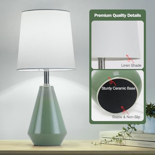 Small Bedside Table Lamp for Bedroom - Reading Desk Lamp with 3 Color Temperatures，15.5" Nightstand Ceramic Lamp with Fabric Shade for Kids Room,Living Room,Dorm,Home Office (Green+White)