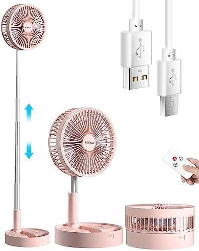 AICase Stand Fan,Folding Portable Telescopic Floor/USB Desk Fan with 7200mAh Rechargeable Battery,4 Speeds Super Quiet Adjustable Height and Head Great for Office Home Outdoor Camping-pink
