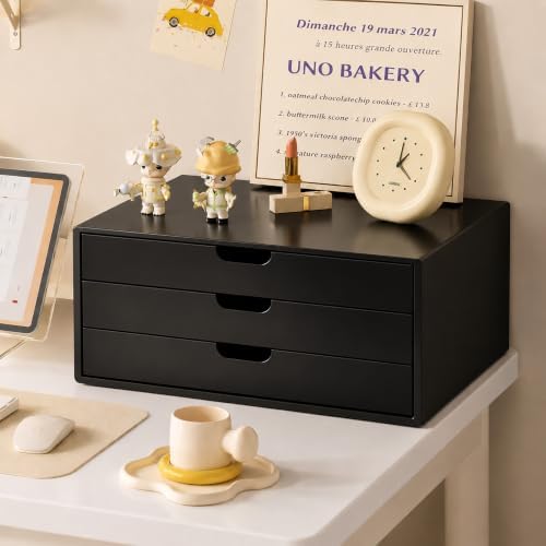 LitaEther Desk Organizer with 3 Drawers, ALEX Drawer Unit, Chic Black Wood Cosmetic Makeup Organizer for Office Vanity Tabletop Storage 13.8"X 6"X10.2"