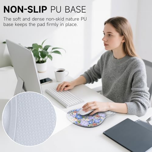 AUPET Ergonomic Mouse Pad with Gel Wrist Support – Non-Slip Mouse Mat with Comfortable Memory Gel Cushion – Relieves Wrist Pain – Designer Pattern for Home Office & Gaming (Violet-Blue Blossom Patch)