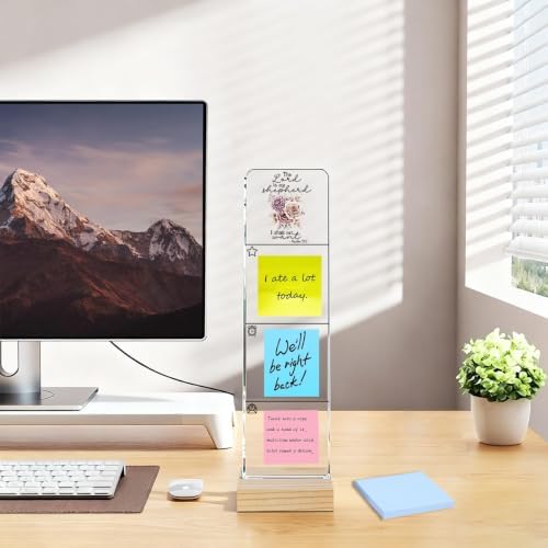 Sticky Note Holder, Monitor Memo Board, Acrylic Post It Note Holder with Wooden Base, Includes 100 Notes, Desk Organizer, Christian Quote “The Lord is My Shepherd I Shall Not Want” Floral