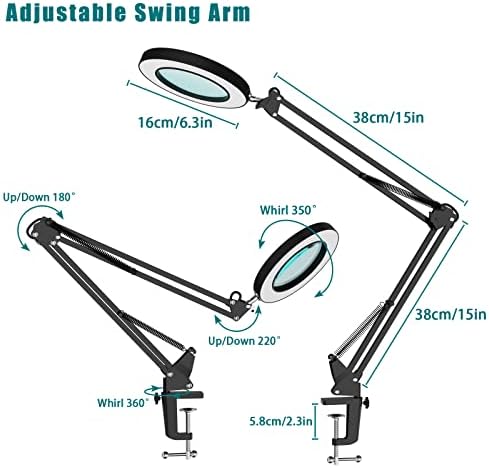 YOUKOYI LED Magnifying Lamp Metal Swing Arm Magnifier Lamp- 10 Levels Brightness, 3 Color Modes, 5X Magnification, 4.1" Diameter Glass Lens, Adjustable Industrial Clamp for Reading/Office/Work (Black)