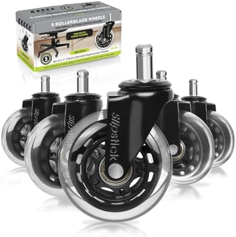 Slipstick Premium Rubber Office Chair Caster Wheels (Set of 5) 3 Inch Chair Wheels for All Hard Surface Floors & Carpet, Heavy Duty Chair Replacement Wheels, Universal Fit 7/16 Inch Stem
