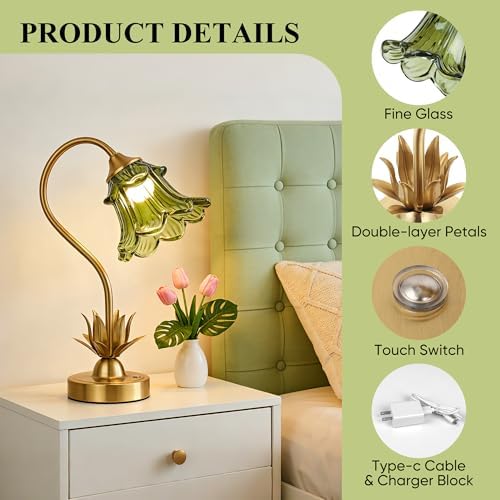 PARTPHONER Cordless Flower Table Lamp with Glass Lampshade, 5200mAh Rechargeable Battery, 3-Color Dimmable Touch Control, Portable Desk Lamp for Nightstand, Patio, Camping, Restaurant & Home, Green