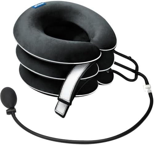 Cervical Neck Traction Device for Neck Pain Relief - Inflatable Neck Stretcher Collar for Decompression - Best Home Use Neck Brace Pump (Black Plush)