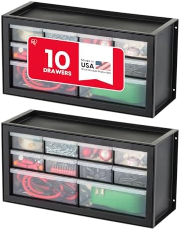 IRIS USA Plastic Storage Drawer Organizer, 10 Drawer Cabinet, 2 Pack, Black