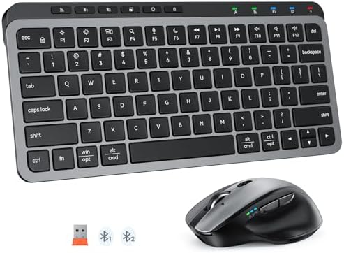 MEETION Wireless Ergonomic Keyboard and Mouse, Split Curved Bluetooth & 2.4G Keyboard Mouse Set, Cushioned Palm Rest, Full-Size, 4-Level DPI Adjustable Mouse (Dark Black)
