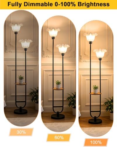 2-Light Flower Floor Lamp with Side Table, Dimmable Floor Lamp with 3000K Warm White Bulbs, Modern Black Metal Tall Standing Lamp for Living Room Bedroom Sofa Corner Home Decor