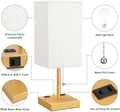 Gold Bedside Lamp for Bedroom - 3 Color Temperatures, USB A+C, 2 AC Outlets