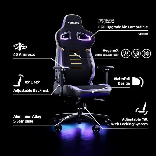 Vertagear PL4800 Ergonomic Big & Tall Gaming Chair Featuring ContourMax Lumbar & VertaAir Seat Systems - RGB LED Kits Upgradeable - Carbon Black