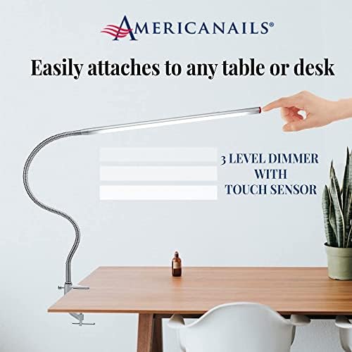 Americanails FlexiLamp Touch - LED Table Desk Lamp - Removable Clamp - Adjustable Lighting for Nail Stations - Manicure Table Light - Flexible Arm – 3 Brightness Levels - Touch Sensor - 300 Lumens