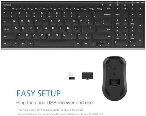 Arteck 2.4G Wireless Keyboard and Mouse Combo HW193MW162 Stainless Ultra Slim Full Size Keyboard and Ergonomic Mouse for Computer Desktop PC Laptop and Windows 11/10/8/7 Build in Rechargeable Battery