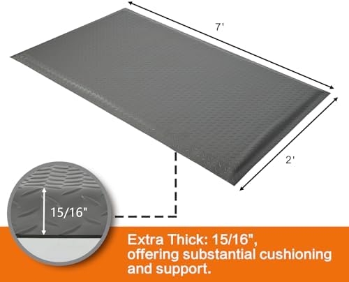 Nisorpa Anti Fatigue Mats Industrial 2' x 7' Ergonomic Standing Mat 15/16" Extra Thick Heavy Duty Commercial Diamond Plate Shop Floor Mat Support for Leg & Back Pain, Grey