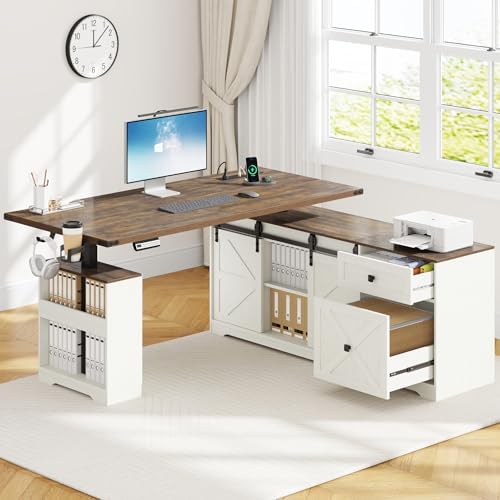 St.Mandyu L Shaped Electric Standing Desk 63" White with Power & Storage