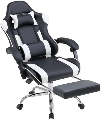 NEWBULIG Gaming Chair with Footrest – Ergonomic High-Back with Lumbar & Headrest Support, Comfy PU Leather Recliner with Linkage Armrests, Adjustable Height, 360° Swivel, White