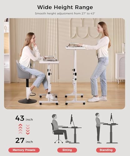 Simple Deluxe 31.5" Adjustable Height Mobile Desk with Locking Wheels & Pin-Lock – Height-Adjustable Standing Desk– Heavy-Duty Portable Workstation for Small Spaces & Home Office – White