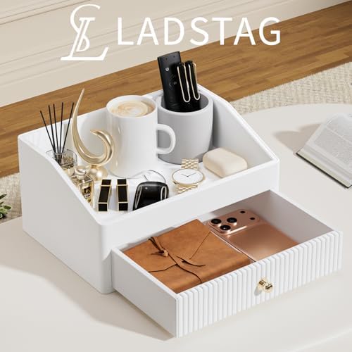 LADSTAG Office Desk Accessories,Beige White Vegan Leather Office Organizer with 1 Drawer & Tray,Pen Holder with Gold-Tone Metal Accents Knob for End Tables,Bedside Table,Bedroom.
