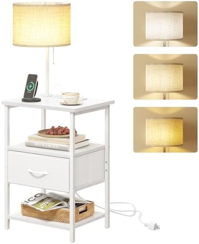 Fixwal Bedside Table with 3 Color Temperatures Bulb Attached, Nightstand with Charging Station and Lights, End Table with Fabric Drawer for Bedroom & Dorm (White)