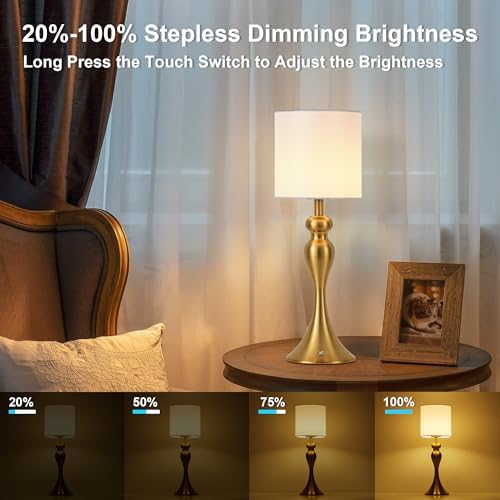 Cordless Table Lamp Rechargeable, Battery Fabric Bedside Touch Light, Brass