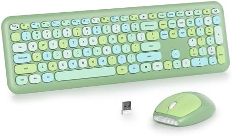 Surmen Cute Colorful Green Keyboard and Mouse Wireless Silent, Full-Size Retro Typewriter Wireless Quiet Slim Keyboard Low-Noise 2.4GHz for Computer, Desktop, Laptop(Sage Green)