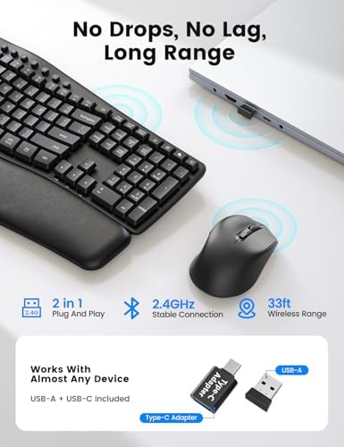 SABLUTE Wireless Keyboard and Mouse Combo, Ergonomic Wave, 30dB Quiet, MA41