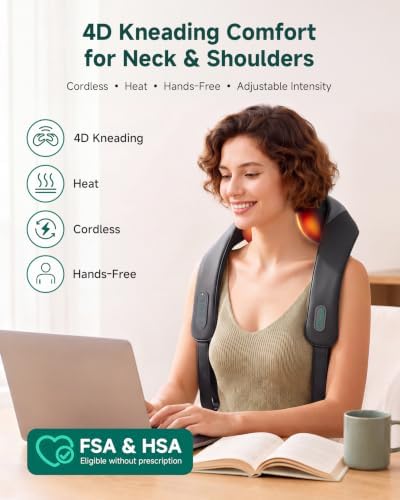 Snailax 4D Cordless Neck and Shoulder Massager with Heat & Kneading, FSA
