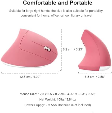 Ergonomic Wireless Vertical Mouse Ergo Optical 2.4G Cordless Mouse Portable Travel Mice with 6 Buttons 3 Adjustable DPI 800/1200/1600 for PC Laptop Desktop (Pink)