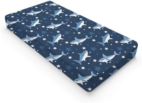 Cartoon Ocean Sharks Stars Animals Pattern Baby Changing Pad Cover, Unisex Sea Animals Nursery Diaper Changing Table Pad Mat Sheet for Boys Girls-16x32