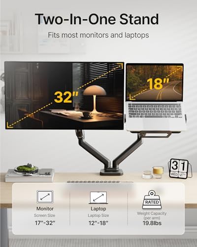 monTEK Dual Arm 2-in-1 Desk Mount, Laptop & Monitor, Fits 12–18" Laptops