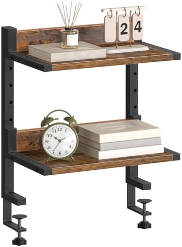 HOOBRO Clamp On Desk Shelf, 2-Tier Desktop Organizer, Space-Saving Desk Shelf with Adjustable Shelves, for Office, Study, Entertainment Accessories, Rustic Brown and Black BF32SJ01